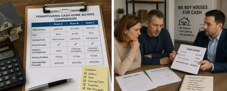 Pennsylvania homeowners comparing cash home buyer offers, fees, closing costs, timelines, proof of funds, and estimated net proceeds.