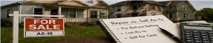 Pennsylvania house needing repairs with an as-is sale sign, repair options checklist, and calculator.