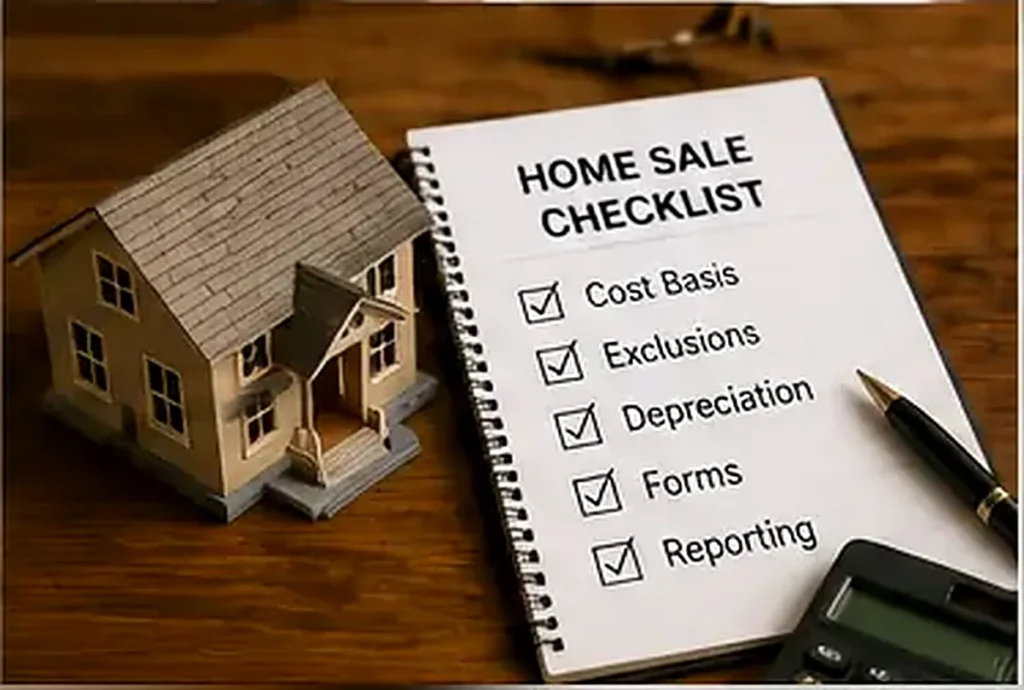 Pennsylvania home sale tax checklist covering cost basis, exclusions, depreciation, forms, and reporting beside a house model.