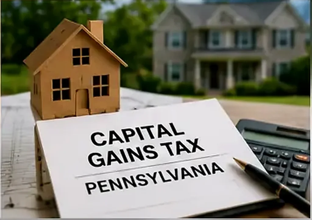 Pennsylvania home sale capital gains tax documents with a house model and calculator on a desk.