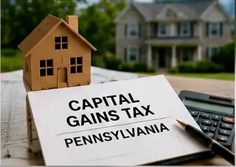 Pennsylvania home sale capital gains tax documents with a house model and calculator on a desk.