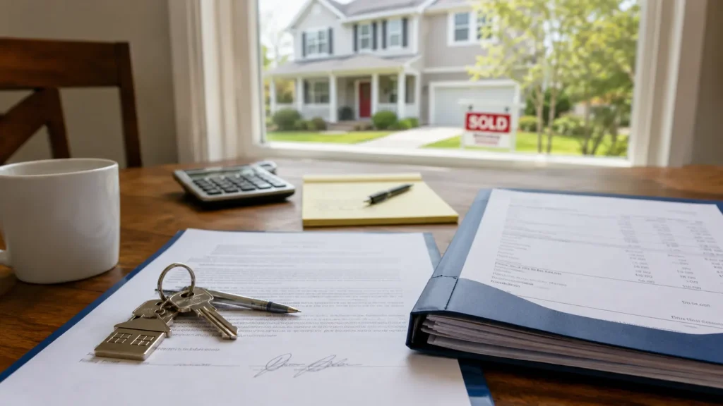 House keys and signed closing documents on a desk in front of a sold home sign, illustrating a Pennsylvania FSBO sale.