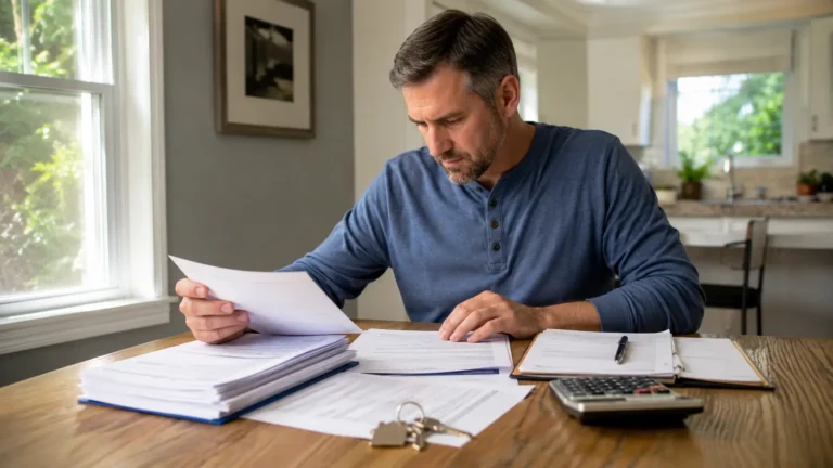 Homeowner reviewing paperwork at a kitchen table while planning a for-sale-by-owner home sale in Pennsylvania.