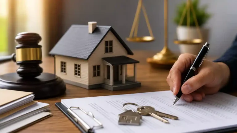 Utah probate home sale documents, house model, keys, gavel, and scales on a desk