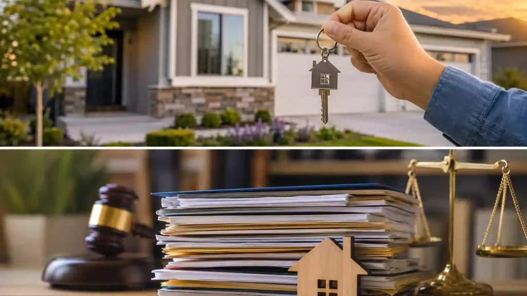 Inherited Utah home, keys, probate paperwork, house model, gavel, and legal scales