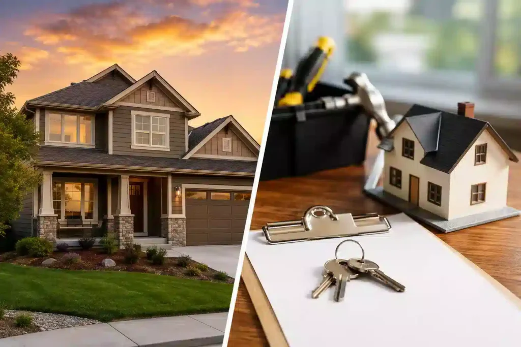 Utah house as-is sale with repair checklist, paintbrush, keys, and mountain home in the background