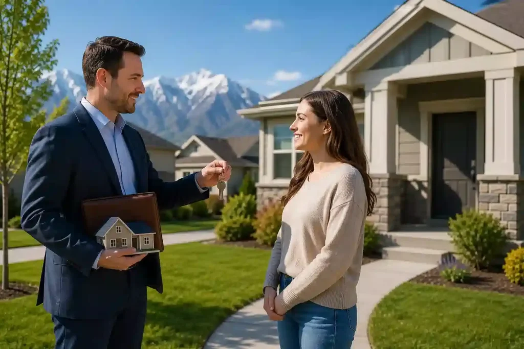 Landlord discussing the sale of a tenant occupied property in Utah with a tenant inside a residential home.