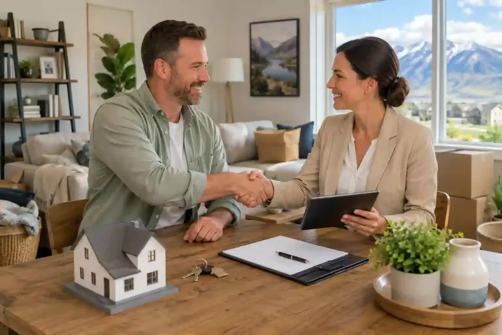 Utah landlord and tenant meeting with a real estate professional while preparing to sell an occupied rental property.