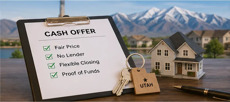 Reviewing a cash home offer in Utah with checklist, house keys, and mountain view.