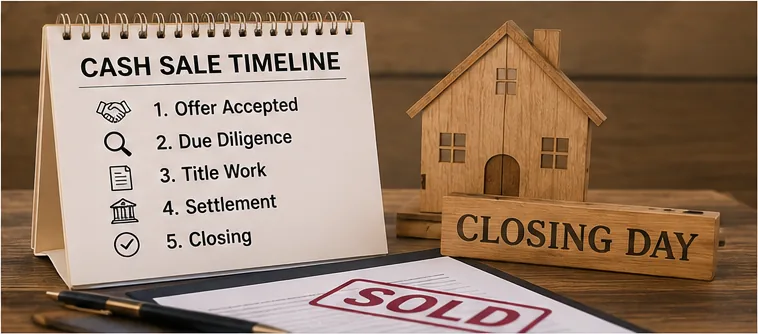Cash sale timeline in Utah showing steps from offer to closing with sold sign and house model.