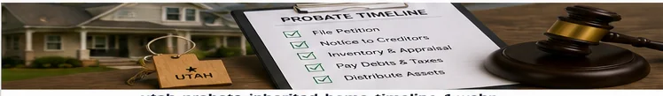 Utah probate timeline scene with inherited home documents, house keys, and estate administration materials.