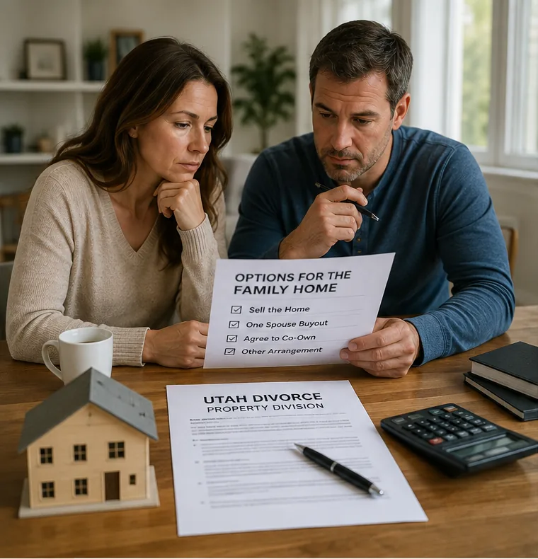 Utah divorcing couple reviewing options for their family home, including selling, a spouse buyout, or another property arrangement.
