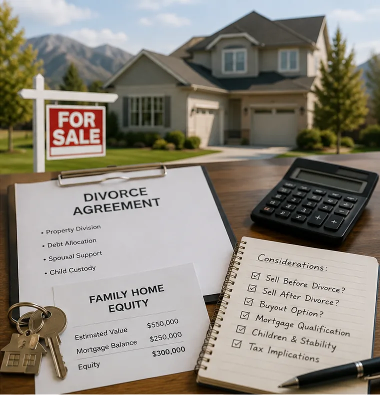 Utah divorce home sale planning with family home equity, a divorce agreement, mortgage considerations, and a house for sale.