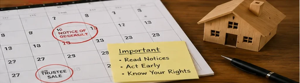 Utah foreclosure deadlines and notices showing important dates for notice of default and the scheduled trustee sale.