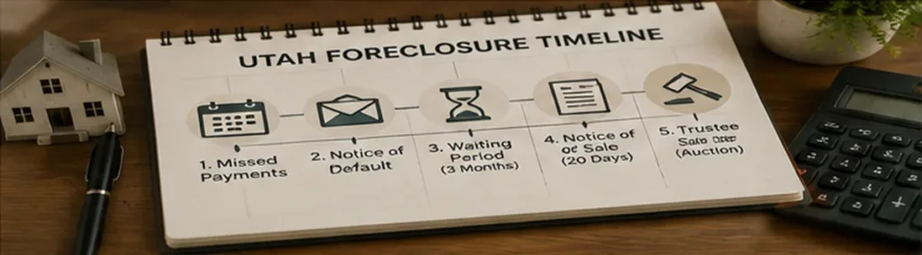Utah foreclosure timeline showing the main stages from missed mortgage payments through notice of default, cure period, and trustee sale.