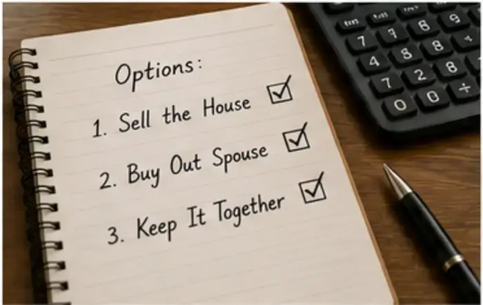 Utah divorce house options checklist comparing selling the home, buying out a spouse, or keeping the property together.