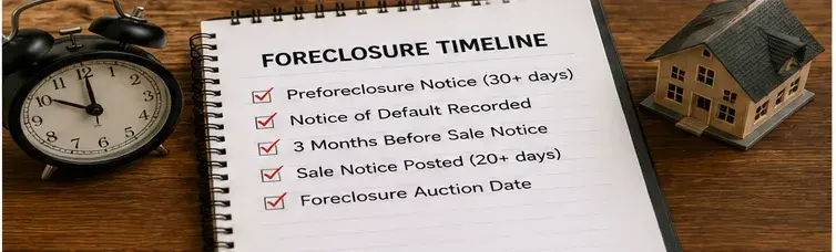 Utah foreclosure auction timeline showing preforeclosure notice, notice of default, sale notice, and auction deadline.