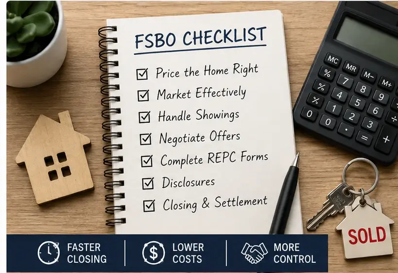 FSBO checklist with pricing, marketing, offers, REPC forms, disclosures, and closing steps for Utah home sellers.