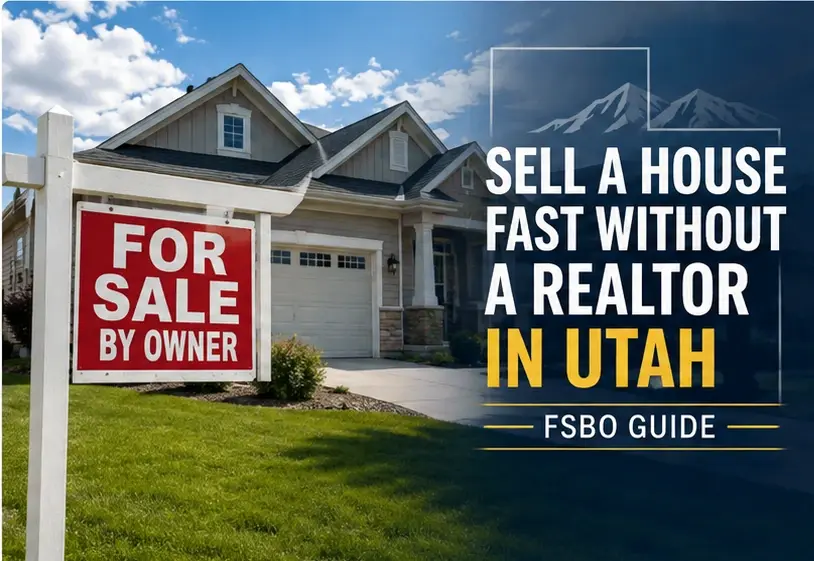 For Sale By Owner sign outside a Utah home with text about selling a house fast without a Realtor.