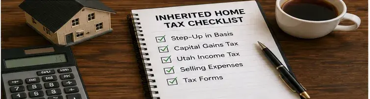 Utah inherited home tax checklist showing stepped-up basis, capital gains tax, selling expenses, and tax forms.