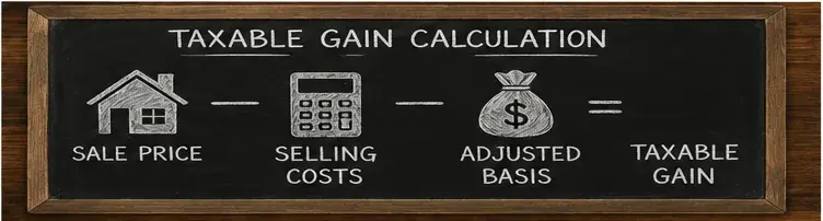 Taxable gain calculation for a Utah inherited home showing sale price, selling costs, adjusted basis, and taxable gain.