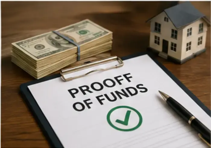 Proof of funds document, cash, and house model used to verify a Utah cash home buyer's ability to close.