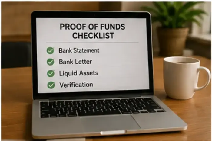 Proof of funds verification checklist showing bank statement, bank letter, liquid assets, and verification steps for a cash offer.