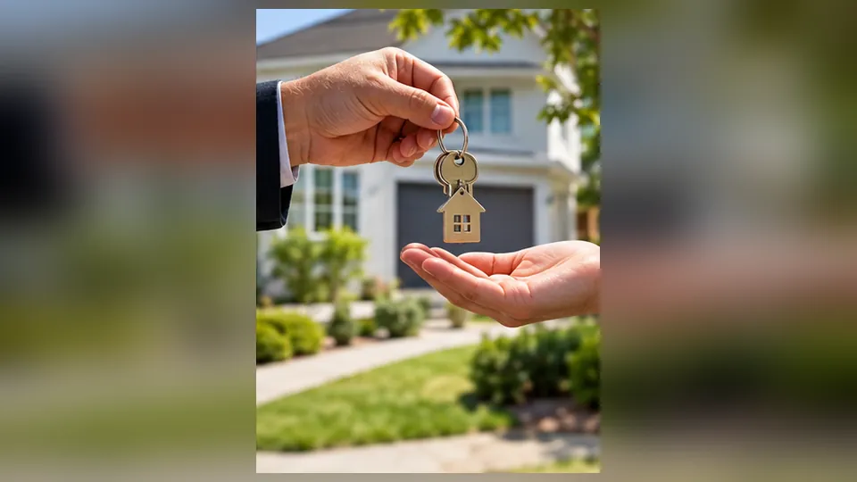 House keys being handed to a buyer outside a suburban home, representing completion of a Utah home sale after HOA lien resolution.