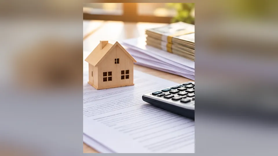 House model, calculator and closing paperwork, illustrating unpaid HOA dues and lien payoff during a Utah home sale.