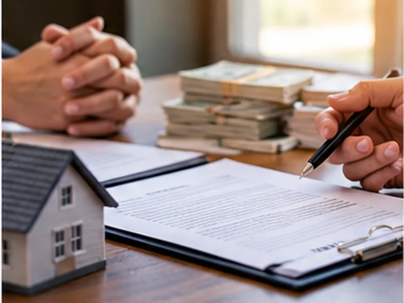 Home closing meeting with property documents, house model, and cash, representing payoff of a Utah mechanic's lien from sale proceeds.