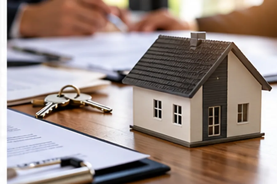 Model home, keys, and real estate documents representing Utah title and ownership clearance before closing.